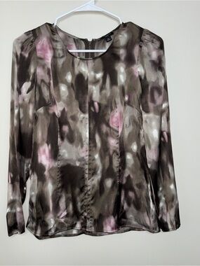 Ann Taylor Real Silk Watercolor Print Long-Sleeve Blouse - Pink & Brown